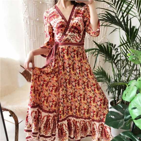 red boho floral print 3/4 sleeve wrap maxi dress - Picture 7 of 8